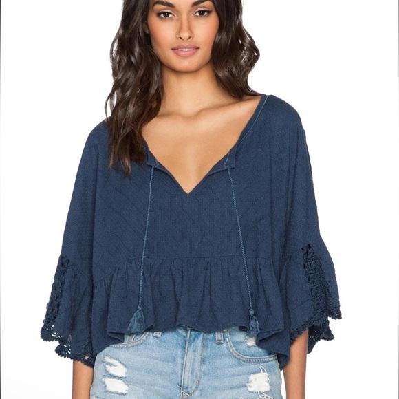 Free People Gauze Sweet Talker Top Women's Boho Peasant Blouse Blue Size Small - Picture 1 of 14